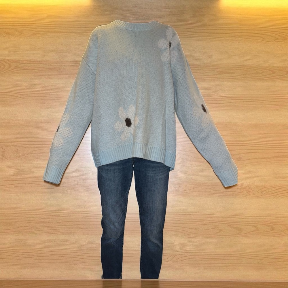 Elegant Floral Light Blue Sweater